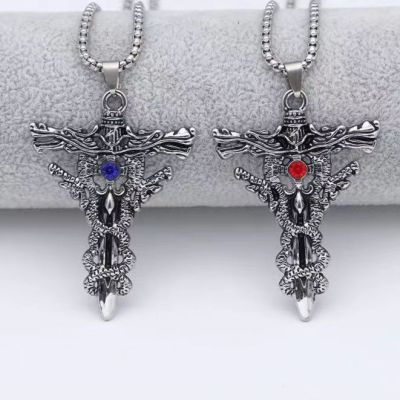 Cross Double Dragon Plate Sword Inlaid Jewel Pendant Necklace Personal Accessories Retro Hip Hop Fashion Student Pendant Wholesale