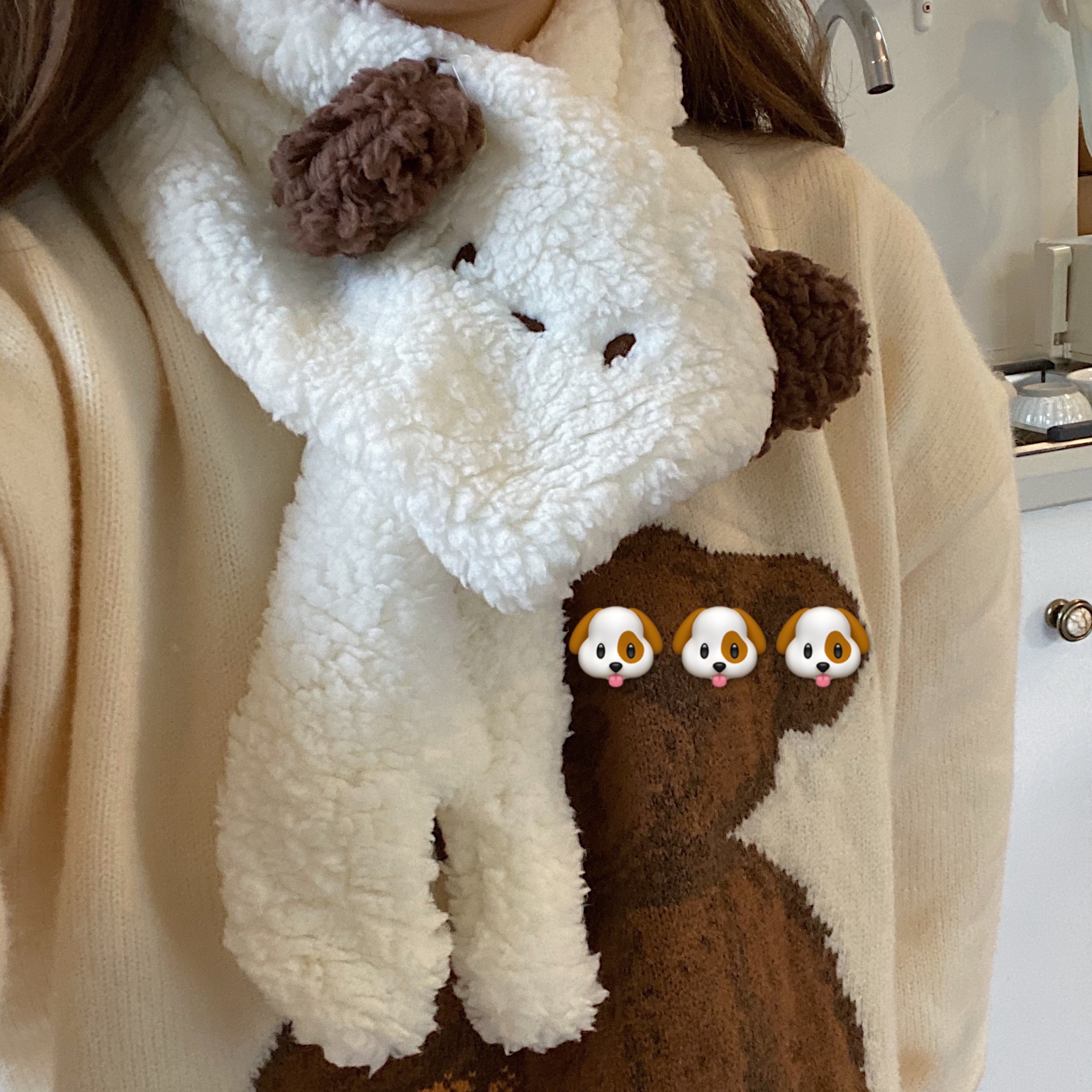 冬天保暖软绵绵的可爱少女小狗狗耳朵短款羊羔毛保暖围巾围脖