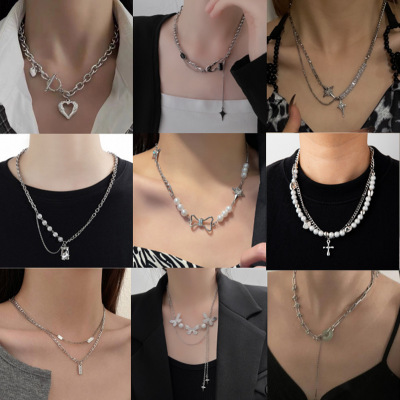 European and American Fashion Double-Layer Pearl Necklace Women's Wholesale Ins Style Hip Hop Fashion Stitching Love Chain Sweater Chain