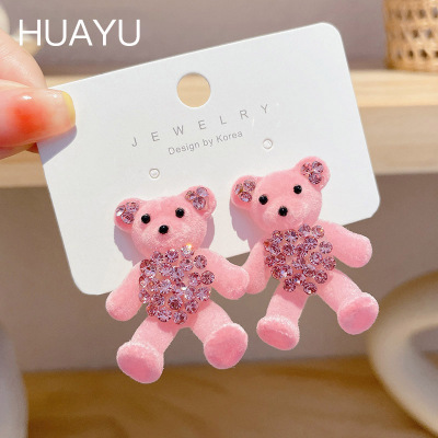 Diamond Flocking Cartoon Bear Earrings Sweet Cute Pink Girly Sweet Ear Studs Niche Design Earrings