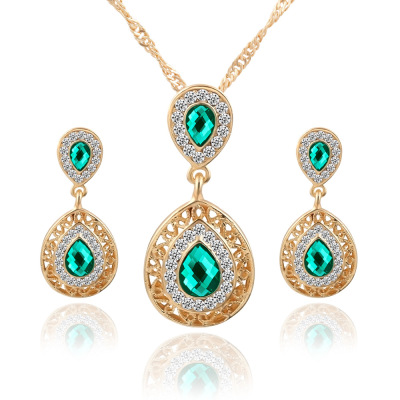 Europe and America Cross Border New Studs Necklace Set Combination Crystal Earrings Droplet Type Pendant Ornaments Three-Piece Set Wholesale