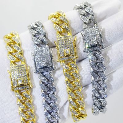 European Hip Hop Hipster 13mm Flat Bottom Cuban Link Chain Diamond Bracelet Men and Women Hiphop Gold-Plated Necklace Cross-Border