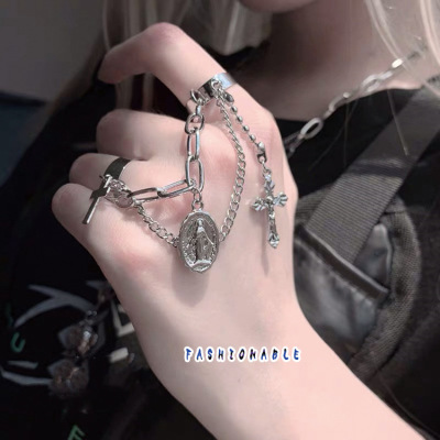 Internet Celebrity Hip Hop Alloy Cross Ring Harajuku Dark Wind Open Double Finger Chain Ring Men and Women Fashion