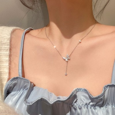 New Super Fairy Diamond Butterfly Necklace European and American All-Matching Little Fairy Pearl Butterfly Tassel Clavicle Chain Internet Celebrity Same Style