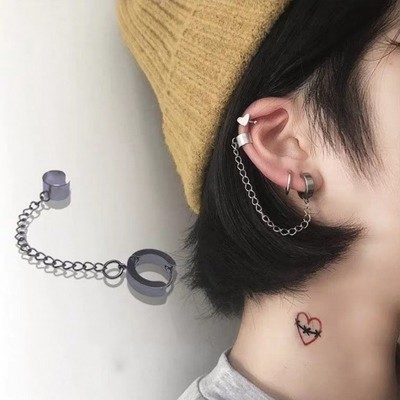 Super Cool Dark Simple Chain Integrated Ear Clip Girl Disco Stud Earrings Non-Piercing Ear Clip Men and Women Fashion