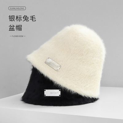 Hat Female Korean Iron Mark Rabbit Fur Bucket Hat 22 Autumn and Winter Show Face Little Wild Warm Bucket Hat Plush Velvet Bucket Hat