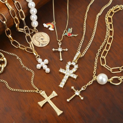 Cross-Border Hot Accessories Pearl Cross Pendant Necklace Retro Europe and America Women's Exaggerated Multi-Layer Cross Necklace