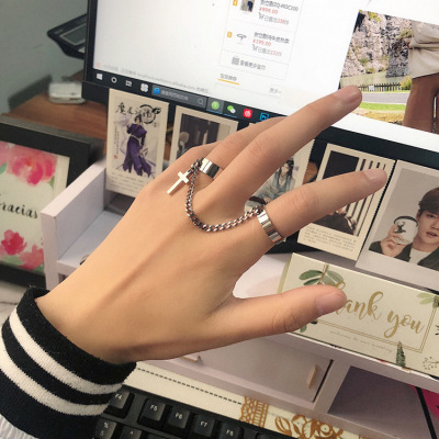 Korean Ornament Disco Jumping Chain Cross Combined Ring Set Internet Celebrity Punk Hip Hop One-Piece Ring Men and Women Fashion