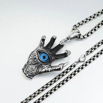 Cross-Border New Arrival Vintage Split Ghost Eye Devil's Hand Sweater Chain Dragon Claw Blue Eye Stainless Steel Necklace