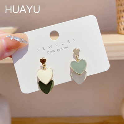 Fresh Green White Heart-Shaped Earrings Women's Sweet Girly Elegant Earrings 2022 New Fashion Earrings Women's Summer