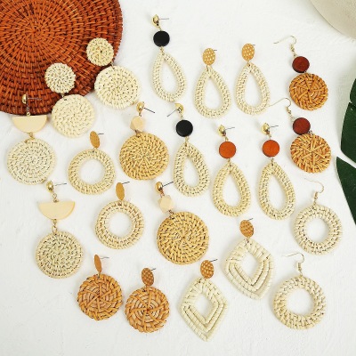 Amazon Hot Sale Cross-Border Hot Vintage High-Key Eardrop Bamboo Rattan Hand-Woven Earrings Ethnic Style Rattan Woven Earrings