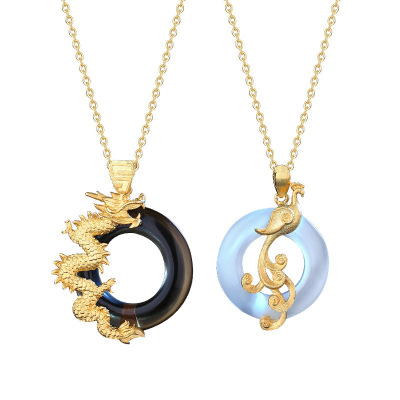 New National Fashion Ancient Style Prosperity Brought by the Dragon and the Phoenix Peace Buckle Couple Necklace a Pair of Ring Black and White Colored Glaze Pendant Gift