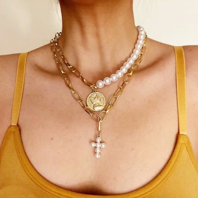 Cross-Border Hot Sale Accessories Pearl Choker Clavicle Chain Cross Copper Necklace European and American Jewelry Pearl Necklace for Women