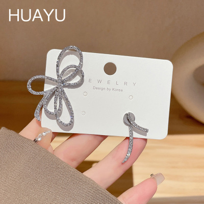 Asymmetric Bow Earrings Women's Summer round Face Ear Hanging High-Grade Fashion, Personalized and Exaggerated Special Interest Earrings Ear Studs