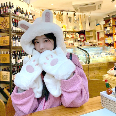 Winter New Fleece-Lined Warm Scarf Hat Three-Piece Set Women's Cute Cartoon Rabbit Ears Plush Three-Piece Set Hat