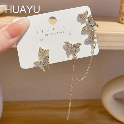 Asymmetric Butterfly Studs Ear Clip Integrated Advanced Sense Graceful Online Influencer Delicate Earrings Tassel Earrings Ear Clip