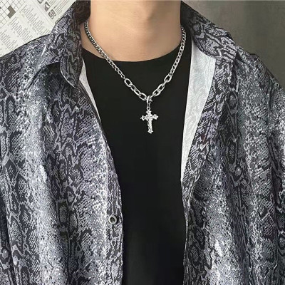 Hip Hop Tide Cool Personality Double Diamond Cross Necklace Pendant Internet Celebrity All-Match Necklace Couple Accessories Wholesale