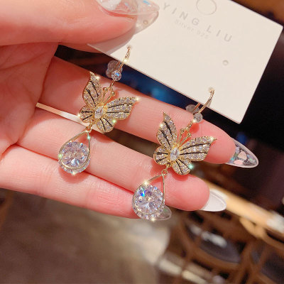 Cross-Border Hot Dignified Goddess Wholesale Butterfly Zircon Earrings Earrings Ins Style Advanced Design Sense Special-Interest Earrings