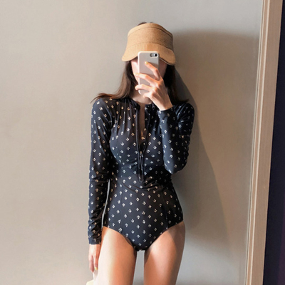 New Swimsuit Women's One-Piece Small Chest Long Sleeves Tummy Hiding Slimming Snorkeling Hot Springs Conservative Swimsuit