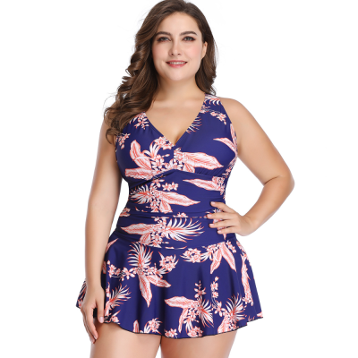 Amazon plus-Sized Oversized Swimsuit European and American Belly Covering Solid Color Printing Skirt Split Swimsuit Boxer Swimming Trunks in Stock