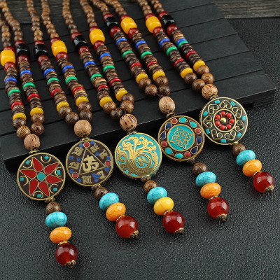 Retro Exotic Style Thangka Wooden Bead Sweater Chain Chinese Style for Men and Women Long Necklace Cotton and Linen Scenic Spot Ornament Accessories