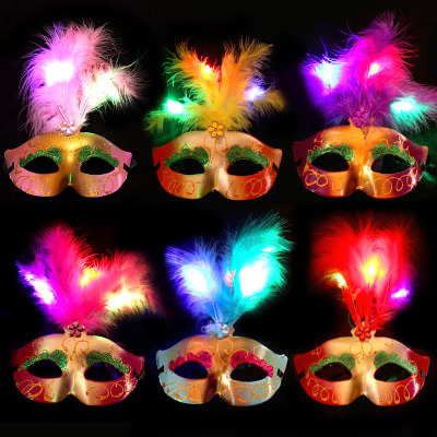 Luminous Feather Mask Three Lights Luminous Mask Fashion Painted Feather Princess Mask Bar Mask Wholesale