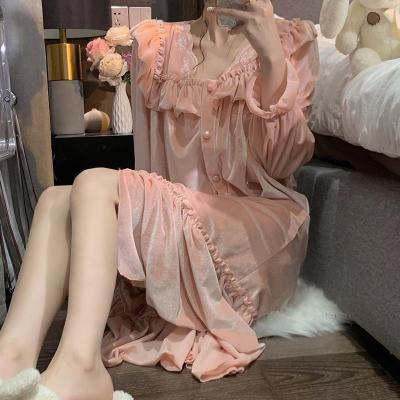 Court Style Pajamas Women 'S Spring And Autumn Long-Sleeved Cardigan Girl 'S Nightdress Autumn And Winter Gold Velvet Loose Cameo Brown Home Wear