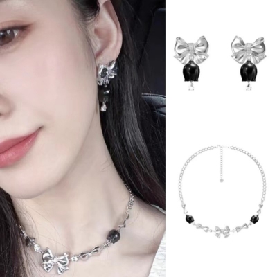 Sweet Cool Style Bow Stud Earrings Silver Needle Fashionable Hot Girl Internet Celebrity Small Flower Ear Studs Necklace Set Cold Style