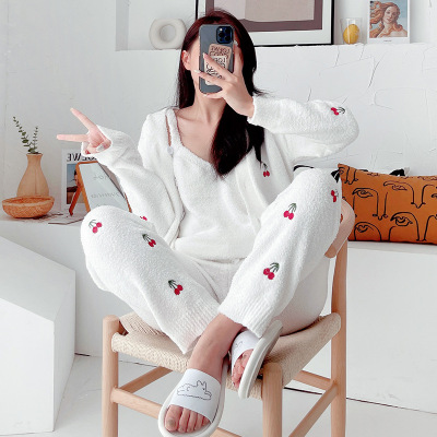 Pajamas Women's Autumn and Winter Three-Piece Soft Warm Thickening Cardigan Wool Knitted Cute Sweet Cherry Homewear