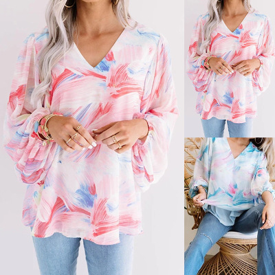 Foreign Trade Women's Clothing European and American Women's Clothing Popular Foreign Trade Long-Sleeved V-neck Printed Chiffon Shirt Top