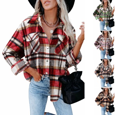 2022 European and American Foreign Trade Cross-Border Women's Clothing Amazon Popular Character Shirt Woolen Button Pocket Casual Shirt