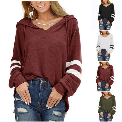 Foreign Trade Women's Clothing Foreign Trade Cross-Border Women's Clothing Popular Hooded Drawstring Stitching Parallel Bars Casual Long Sleeve Sweatshirt