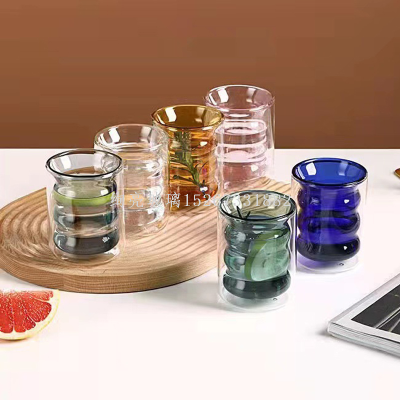 Borosilicate colorful Double Glass  Horizontal Pattern Cup  High Temperature Resistant Coffee glass Heat Insulation