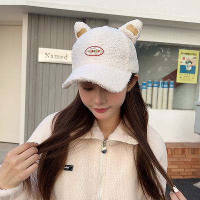 Korean Style Cute Ear Letter Baseball Cap Female Age-Reducing Cartoon Lamb Wool Warm Peaked Cap Student Winter