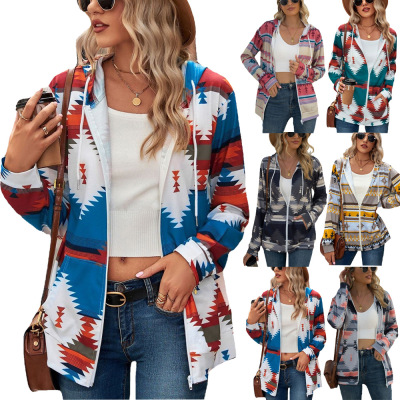 Amazon 2022 Europe and America Cross Border Foreign Trade Aztec Geometric Pattern Long Sleeve Loose Hooded Pocket Sweatshirt Coat