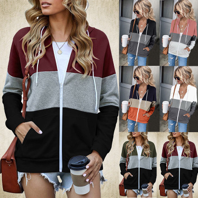 Amazon Cross-Border 2022 Autumn and Winter European and American Long Sleeve Contrast Color Hooded Sweatshirt Women's Zipper Pocket Cardigan Jacket