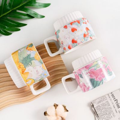 Summer Fruit Cup Simple Ceramic Cup Household Ceramic Cup with Cover with Spoon Creative Office Ceramic Cup