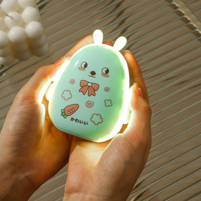 Mini Cartoon Flip Cosmetic Mirror Hand Warmer USB Charging Portable LED Light Makeup Mirror Heating Pad