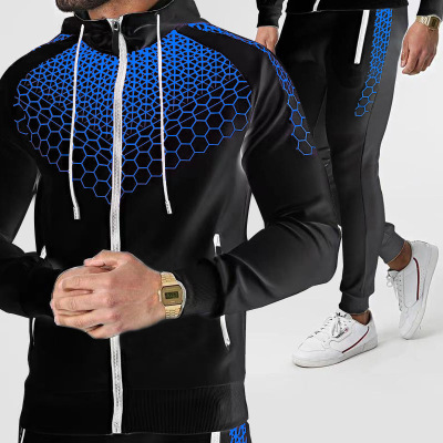 Foreign Trade Men's Spring and Autumn Sportswear European and American Men's Hooded Jacket Electronic Honeycomb Casual Sweatshirt Trousers Suit