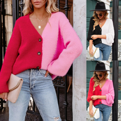 Foreign Trade Women's Clothing Knitted Pink Single-Breasted European and American Foreign Trade Women's Clothing Foreign Trade Women's Clothing Stitching Cardigan Large Size Coat Women's Export