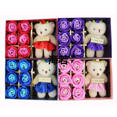 Square Box 6 Soap Flower plus Bear Artificial Rose Valentine's Day Mother's Day Gifts Cross-Border Wholesale