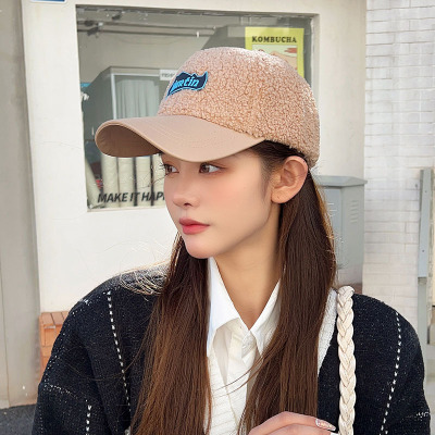 Lamb Wool Hat for Women 2022 Autumn and Winter New Korean Style Baseball Cap Leather Stitching Fashion Brand Winter Warm Peaked Cap