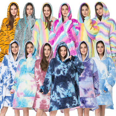 Foreign Trade Women's Clothing Tie-Dyed Printed Lazy Clothes Pullover Fleece Sweater Hooded Lazy Sleeping Blanket Outdoor Cold-Proof Clothes Wearable Blanket