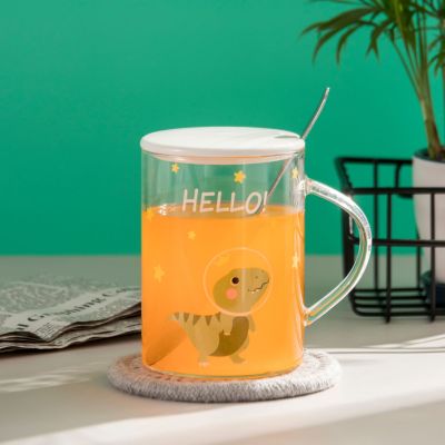 Creative Cute Water Glass Heat-Resistance Glass Large Capacity with Lid Milk Breakfast Cup Office Internet Celebrity Dinosaur Cup