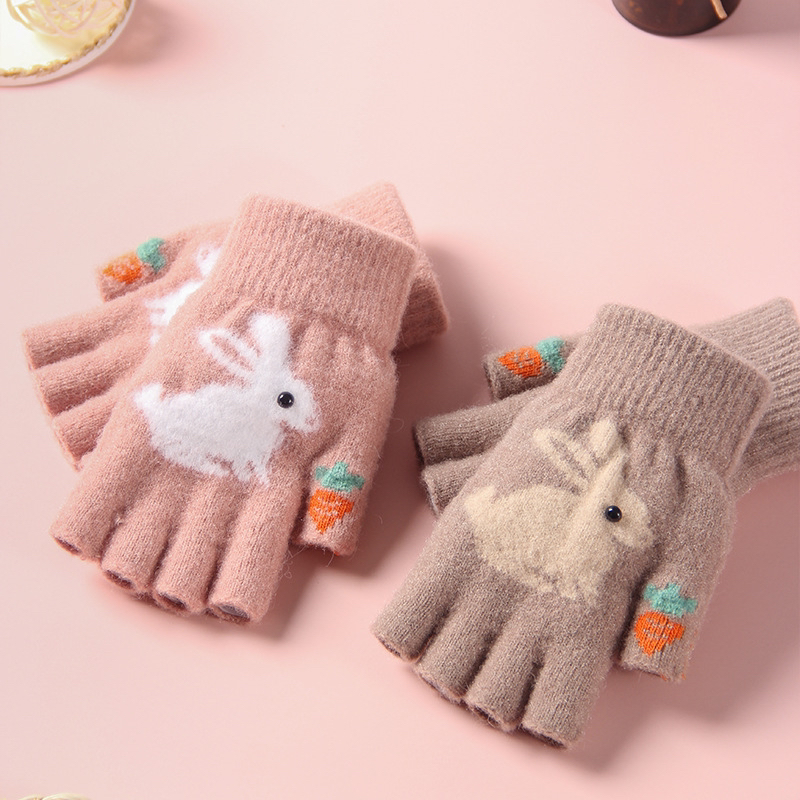 半指女士秋冬加厚保暖男女同款学生写字露指针织手套