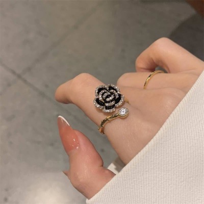 Korean Dongdaemun Black Camellia Micro Inlaid Zircon Open Ring Women's High-Grade Light Luxury Gentle Temperament Ring