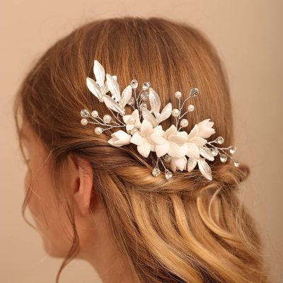 Europe and America Cross Border for White Ceramic Flower Alloy Leaf Shape Hair Comb Side Comb Bridal Wedding Headdress