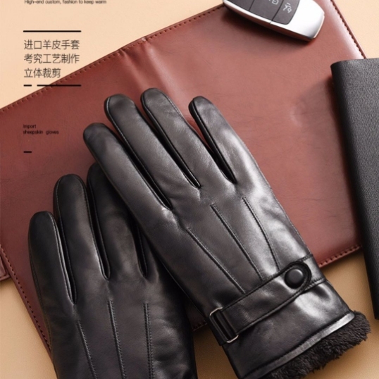 加绒加厚触屏保暖秋冬皮手套男骑车开车防风防寒简约时尚加棉手套