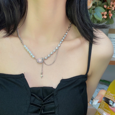 Pearl Heart Stitching Chain Pink Planet Pendant Clavicle Chain Opal Fashion Personality Advanced Design Necklace