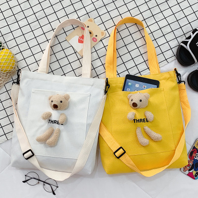2022 New Korean Style Fashion Bear Canvas Bag Large Capacity Women's Shoulder Bag Casual Student Make-up Bag